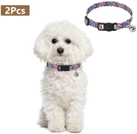 2 Pack Pet Collar Colorful Skulls Floral Red Dog Bell Collar, Adjustable Length 10.6" to 17.1"