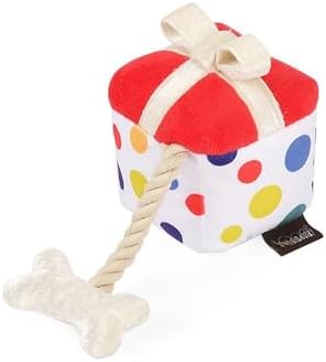 P.L.A.Y. Cute Plush Dog Toy - Birthday Party Celebration Themed Durable Squeaker Chew Toy, Great for Puppies & Small, Medium, Large Dog - Machine Washable, Recycled Material (Pawfect Present, X-Small)