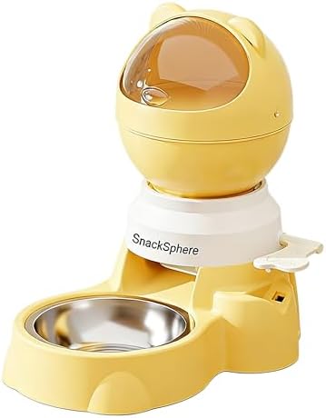 Automatic Food Dispenser Gravity Feeder & Push Button Pet Feeder, Treat Dispenser with Button for Slow Feeder, 1.5L Capacity, Two Ways to Use (Yellow)