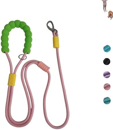 5ft Pink Hands Free Dog Leash & Premium Adjustable Collar Set - Bungee Waist/Crossbody Leash with Safety Lock, Rose Gold Buckle, Smart ID Ring - Durable Nylon & Twill for Small to Mediu Dogs