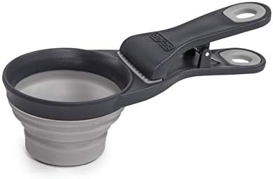 Dexas Popware for Pets Collapsible Klip Scoop, 3-in-1 Pet Food Scoop, Measuring Cup and Bag Clip, 2 Cup Capacity, Light Gray
