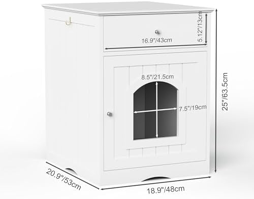 Wooden Cat Litter Box Enclosure with Drawer, White, Side Table Nightstand, Indoor Pet Crate, 18.9 x 20.9 x 25 Inches (White)
