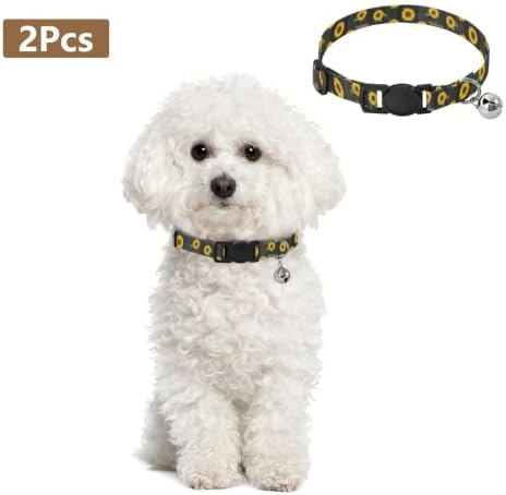 2 Pack Small Dog Collar Sunflowers Green Leaf Wood Cat Collars with Bell, Adjustable 10.6 to 17.1 Inches