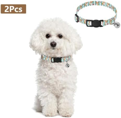 Cartoon Dogs Hearts Aqua White Cat Collar with Bell 2 Pack Dog Collar Adjustable 10.6 to 17.1 Inches