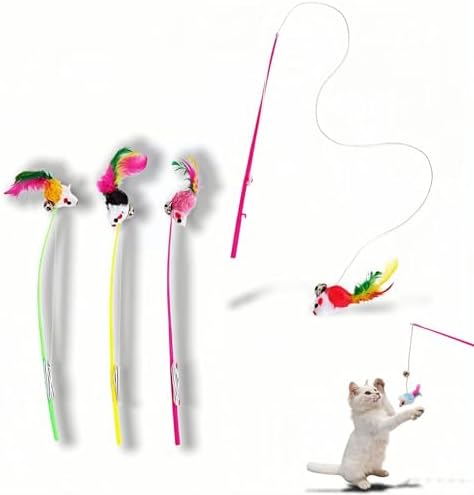 4-Pack Cat Wand Toys with Bells – Interactive Feather Teaser Wands for Indoor Cats & Kittens, Colorful Plush Mouse Lure, 11.8 Inch Fishing Pole Design for Exercise, Hunting & Boredom Relief