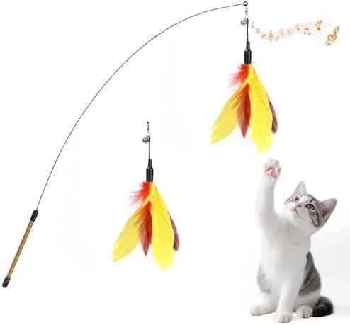 Pawaboo Cat Feather Wand Interactive Toy, 2 Feathers + 1 Wand with Bell