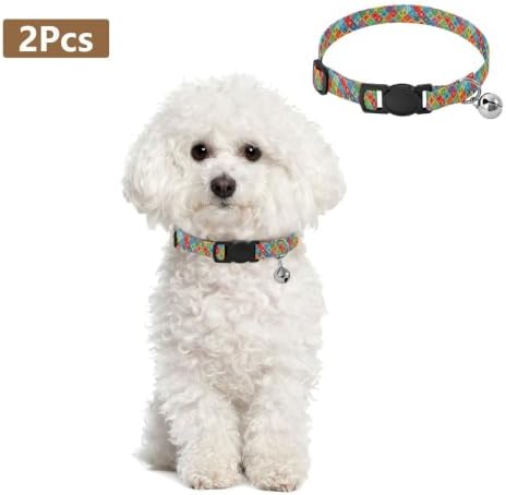 2 Pack Cat Collar Colorful Patch Quilt Red Kitten Bell Collar, Adjustable 10.6 to 17.1 Inches