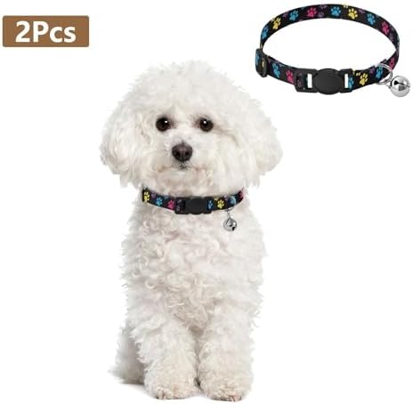 Paw Black Collar with Bell for Dog Puppy 2 Pack Cat Collars Adjustable 10.6 to 17.1 Inches