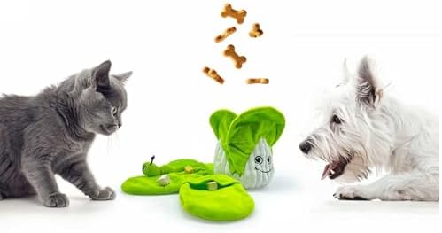 Interactive Pet Puzzle Toy, Plush Cabbage Hide & Seek Treat Dispenser with Squeaker, 7.09 x 5.12 Inches, AZO-Free, Non-Toxic Dyes. Green