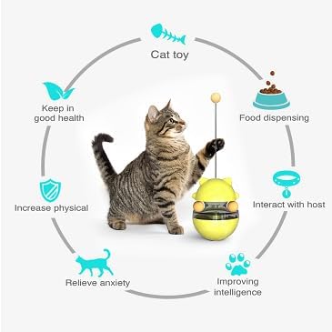 Cat Tumbler Interactive Treat Dispenser Toy, No-Electric Automatic Moving Cat Toy with Wand Ball, Slow Feeder & IQ Training Toy for Indoor Cats & Kittens, Yellow