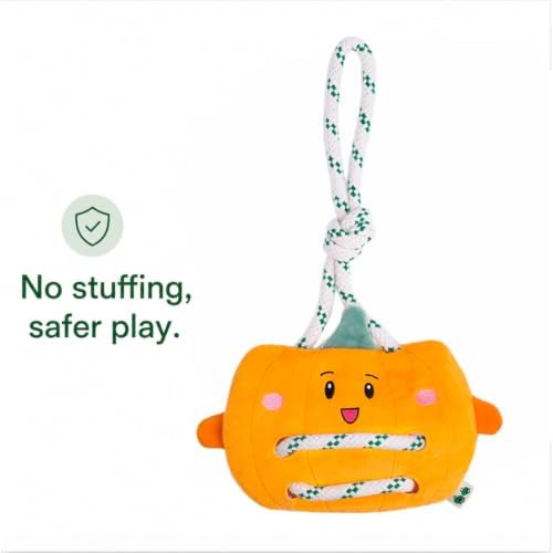 Green Sheep Interactive Plush Dog Toy, No Stuffing Squeaky Toy with Recycled Cotton Rope for Medium to Large Dogs, Chew Toy, Pumpkin