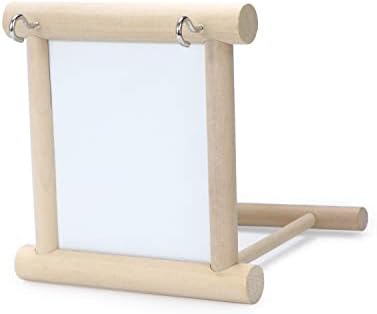 Wontee Bird Mirror with Perch for Parakeet Cage Bird Toys (Wood Color)