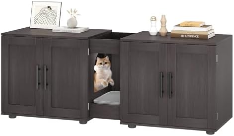 55" Cat Litter Box Enclosure Furniture, 3-in-1 Hidden Litter Cabinet with Barn Doors & Double Rooms for 2 Cats, Wooden Pet Furniture for Living Room & Bedroom, Brown
