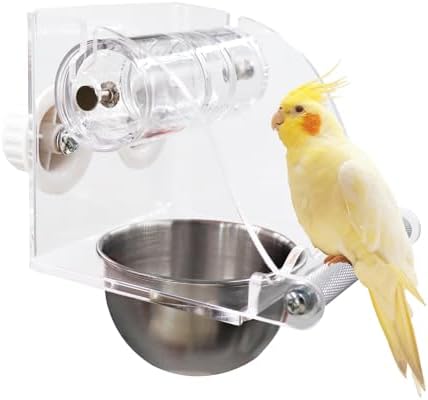 Interactive Bird Feeder with Rolling Foraging Toy - Clear Acrylic Treat Dispenser & Stainless Steel Bowl for Small to Medium Birds | Cage-Mounted with Rust-Resistant Metal Perch