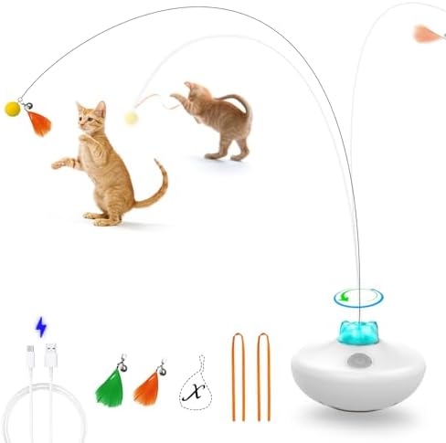 Oxawo Interactive Cat Toys Indoor Cats Toy Automatic Moving Feather Wand | Flying Feather Wobble Base Rechargeable Cat Toy, Extra Long Feather Wand Spin Cat Game & DIY Tails On