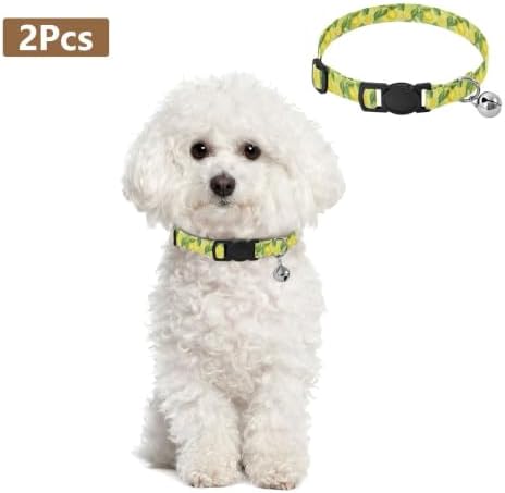 Yellow Lemons Green Leaf Collars for Cats, 2 Pack Kitten Collar with Bell