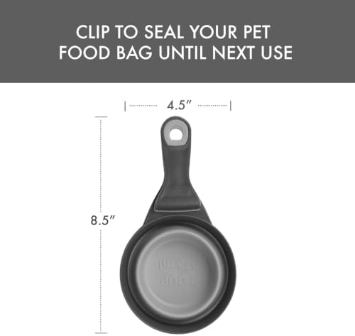 Dexas Popware for Pets Collapsible Klip Scoop, 3-in-1 Pet Food Scoop, Measuring Cup and Bag Clip, 2 Cup Capacity, Light Gray