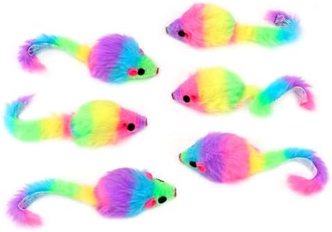 CHIWAVA 36PCS 1.8" Rainbow Color Furry Cat Toy Mice with Rattle Kitten Play