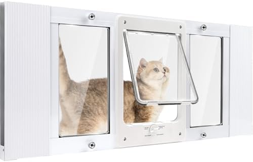 Petoasis Cat Door for Window & Small Dog, Quick Damage-Free Install, 28"-32" Width Adjustable, All Aluminum Frame, 4-Way Lock, Magnetic Closure Cat Window Door, Extra Window Lock & Sealing Strips (M)