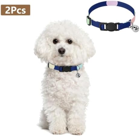 Rainbow Colorful Polka Dot Blue Collar for Kitten, 2 Pack Cat Collar with Bell