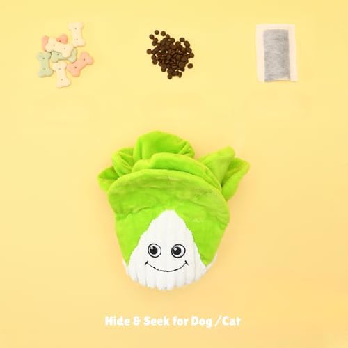 Interactive Pet Puzzle Toy, Plush Cabbage Hide & Seek Treat Dispenser with Squeaker, 7.09 x 5.12 Inches, AZO-Free, Non-Toxic Dyes. Green