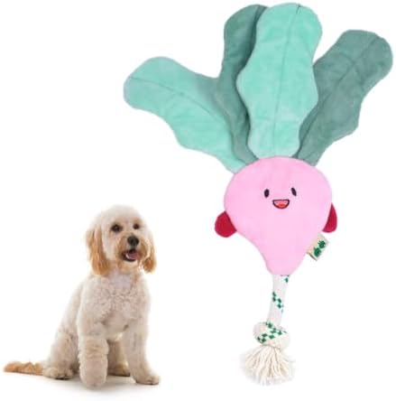 Green Sheep Interactive Plush Dog Toy, No Stuffing Squeaky Toy with Recycled Cotton Rope for Medium to Large Dogs, Chew Toy, Radish