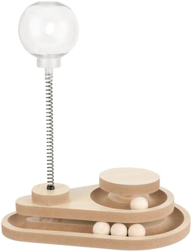 FRCOLOR Cat Treat Dispenser Interactive Cat Feeder Toy with Track Ball for Indoor Cats Kitten Wooden Cat Toy with Automatic Slow Feeder Ball