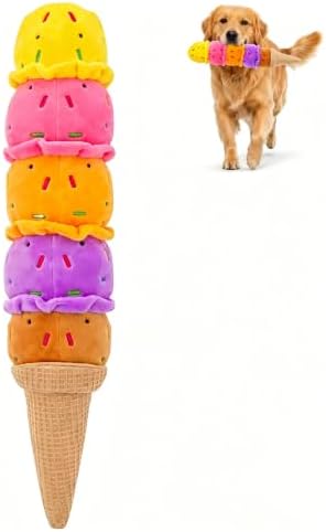 Squeaky Dog Plush Chew Toy, Interactive Tug Squeaky Toy for Chewers, Medium & Large Dogs & Fetch Play, 17.7 in Stuffed Rainbow Ice Cream Toy with Soft Short Plush for Gentle Gum Care & Boredom Relief