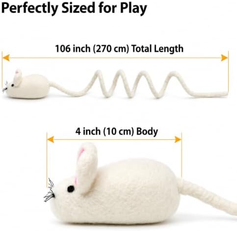 Glaciart One Felt Mouse Cat Toy – Soft Fuzzy Enrichment 100% Natural Wool - Interactive Catnip Play Cat Toy Set - Safe for Pets, Non-AZO Colored Dyes - 100” Long