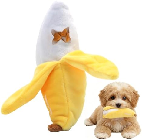 Banana Treat-Dispensing Plush Toy for Small Dogs & Puppies: Hide and Seek Squeaker, Crinkle Sounds, Chew for Teething and Aggressive Chewers