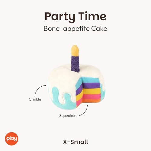 P.L.A.Y. Cute Plush Dog Toys - Birthday Party Celebration Themed Durable Squeaker Chew Toy, for Puppies & Small, Medium, Large Dogs - Machine Washable, Recycled Material (Bone-appetite Cake, X-Small)