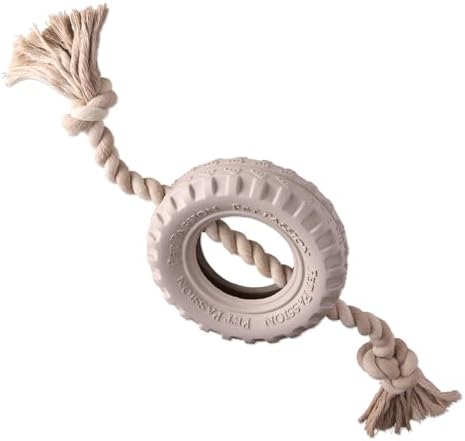 Pet Passion Natural Rubber Tire and Organic Cotton Rope Pull and Chew Dog Toy for All Pet Breeds, Almond Milk, Medium
