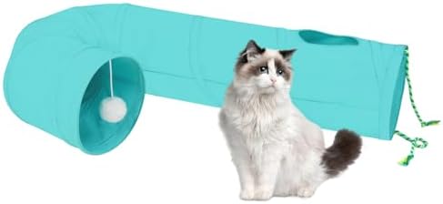 Cat Tunnel, 2-Way Collapsible Cat Tube with Interactive Peek-A-Boo Hole, Toy Ball, and Rope – Ideal for Indoor Cats, Kittens, and Rabbits (Light Blue)