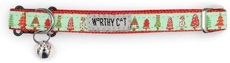 THE WORTHY DOG Christmas Patterns, Breakaway Cat Collar with Bell, Green