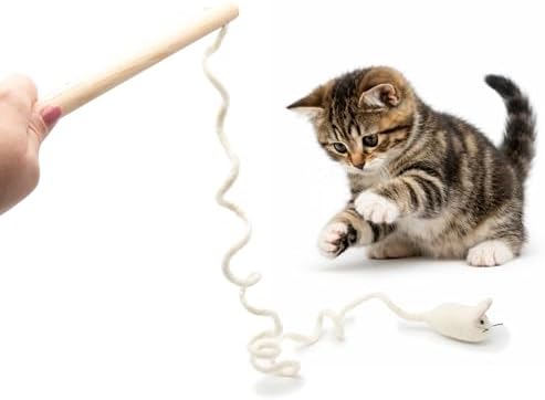 Glaciart One Mouse on a String Cat Toy – Durable Wooden Wand Cat Toy with Natural Wool Felt Mouse w/Catnip, Interactive Cat Toy on a Stick & Cat String Toys for Indoor Cats to Chase & Exercise