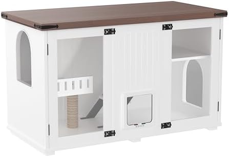 47.25" Large Cat Litter Box Enclosure with LED Light, Hidden Litter Box Furniture, Pet House with Stairs and Pet Scratching Post, Pet Cabinet Side Table with Smart Doors for Living Room, White