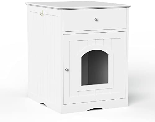 Wooden Cat Litter Box Enclosure with Drawer, White, Side Table Nightstand, Indoor Pet Crate, 18.9 x 20.9 x 25 Inches (White)