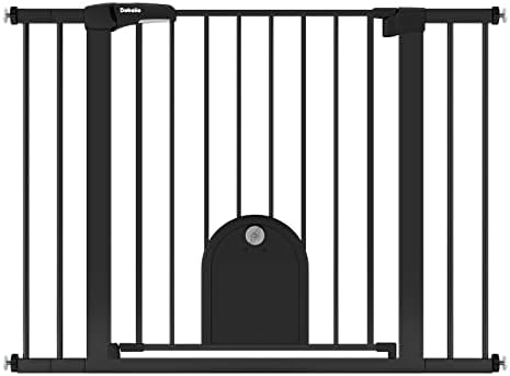 Babelio Auto Close Dog Gate with Cat Door, CatPrivilege I, 29-43" | Safety Gate for Doorway & Stairs, Easy Walk Thru with Pet Door, Includes 4 Wall Cups and 3 Extension Pieces, Black