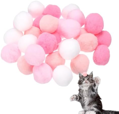 Cat Toy Pom Ball, Interactive Cat Ball Toys Fuzzy Pompoms (Plush, 1.2Inch, 30Pcs, Pink Tones) for Kittens Pet Enrichment Training Play Indoor