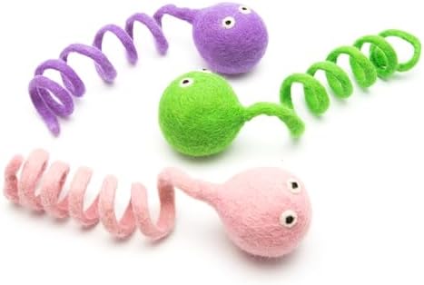 Glaciart One Felt Spring Cat Toy – 3 Pcs Soft Fuzzy Enrichment 100% Natural Wool - Interactive Stretchable Play Set - Safe for Pets, Non-AZO Colored Dyes - 4” Long