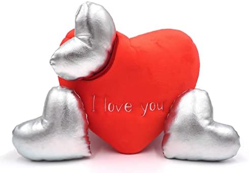 MODERN WAVE - Squeaky Plush Dog Toy - Interactive Hide and Seek Squirrel Type Puzzle Toy for Dogs, Small - Medium Size (Red Heart and Silver Hearts)