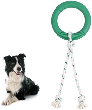 Green Sheep Natural Rubber Dog Chew Toy, Interactive Ring Rope Dog Toy for Tug of War, Durable Dog Toy with Recycled Cotton Rope for Medium to Large Dogs,Green