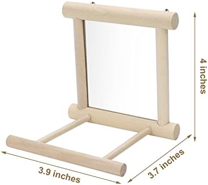 Wontee Bird Mirror with Perch for Parakeet Cage Bird Toys (Wood Color)