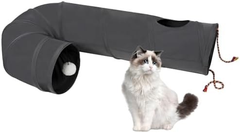 Cat Tunnel, 2-Way Collapsible Cat Tube with Interactive Peek-A-Boo Hole, Toy Ball, and Rope – Ideal for Indoor Cats, Kittens, and Rabbits (Dark Gray)