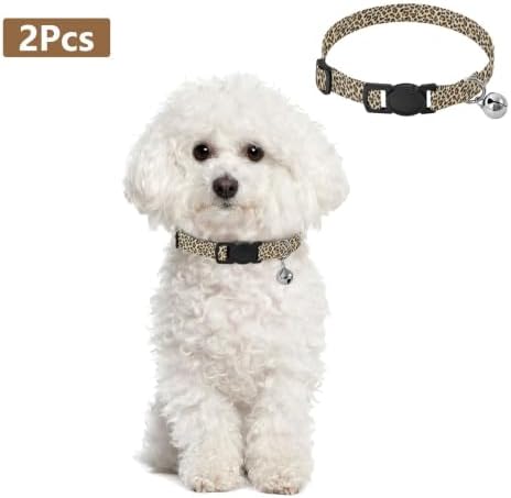 Leopard Spots Brown Breakaway Cat Collars with Bell 2 Pack Puppy Collar Adjustable Length 10.6" to 17.1"