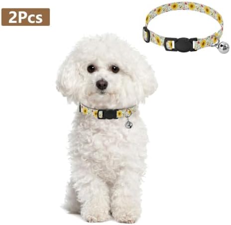 2 Pack Dog Collar Sunflowers Polka Dots Kitten Collar with Bell, Adjustable 10.6 to 17.1 Inches