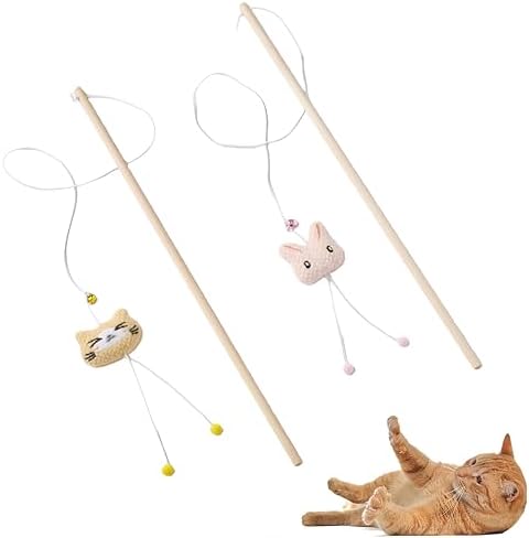 NOWFRESH Cat Wand Toy Set, 2 PCS Interactive Cat Teaser Wands with Cute Kitty & Rabbit Designs, Equipped with Bells and Streamers to Captivate Your Cat’s Attention