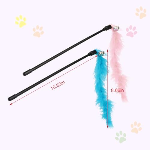 Hypeety Interactive Cat Toys Feather Wand Teaser Cat Wand Feather Rod with Bells for Indoor Cat Kitten Fun Interactive Toys 2pcs (Random Color)