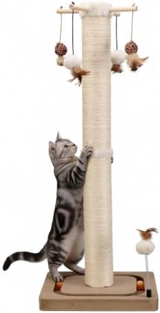 PEEKAB Cat Scratching Post for Indoor Adult Cats and Kittens,33 Inches Tall Large Sisal Scratch Post with Track Ball Toys,Cat Scratcher Toy Beige