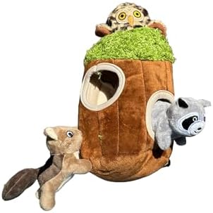 Glow Pups Hide and Seek Dog Toys, Interactive Plush Animal in Tree Trunk Burrow Toy with Squeaker, Puppy Toys for Small Dogs, Woodland Colors (Small Tree with 3 Animals)
